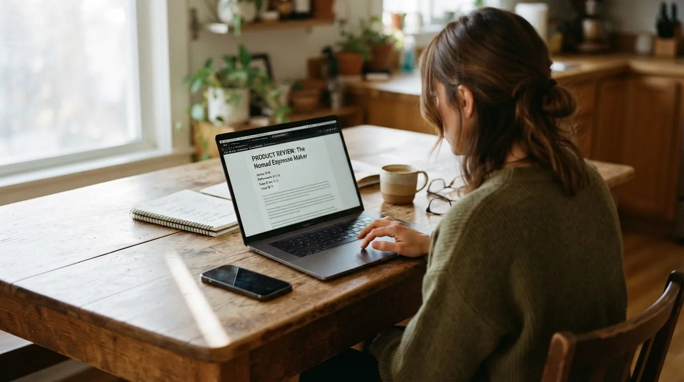 A person at a kitchen table scrolling through review pages on a laptop, phone face-down beside them.