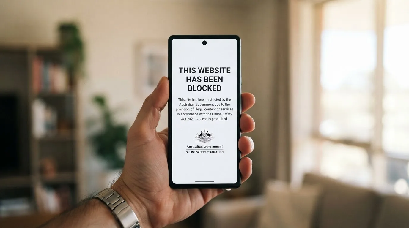 A smartphone screen showing a plain government warning notice about a blocked website, held against a blurred background.