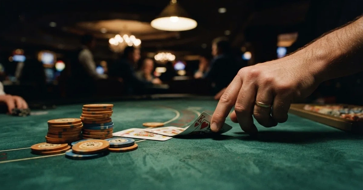A close-up of a green felt gaming table with cards and chips mid-hand.