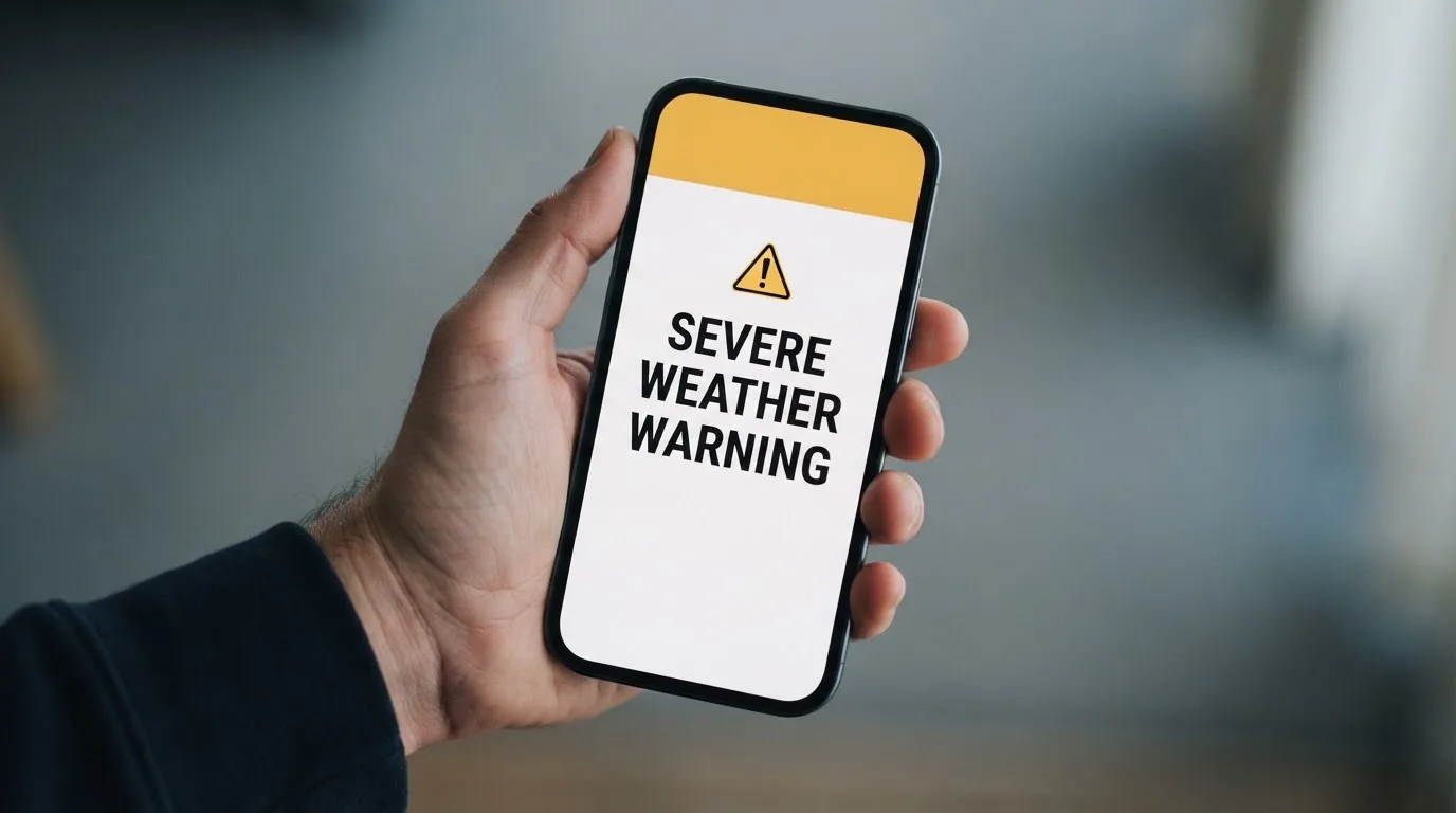 A smartphone screen showing a plain government warning notice about a blocked website, held against a blurred background.