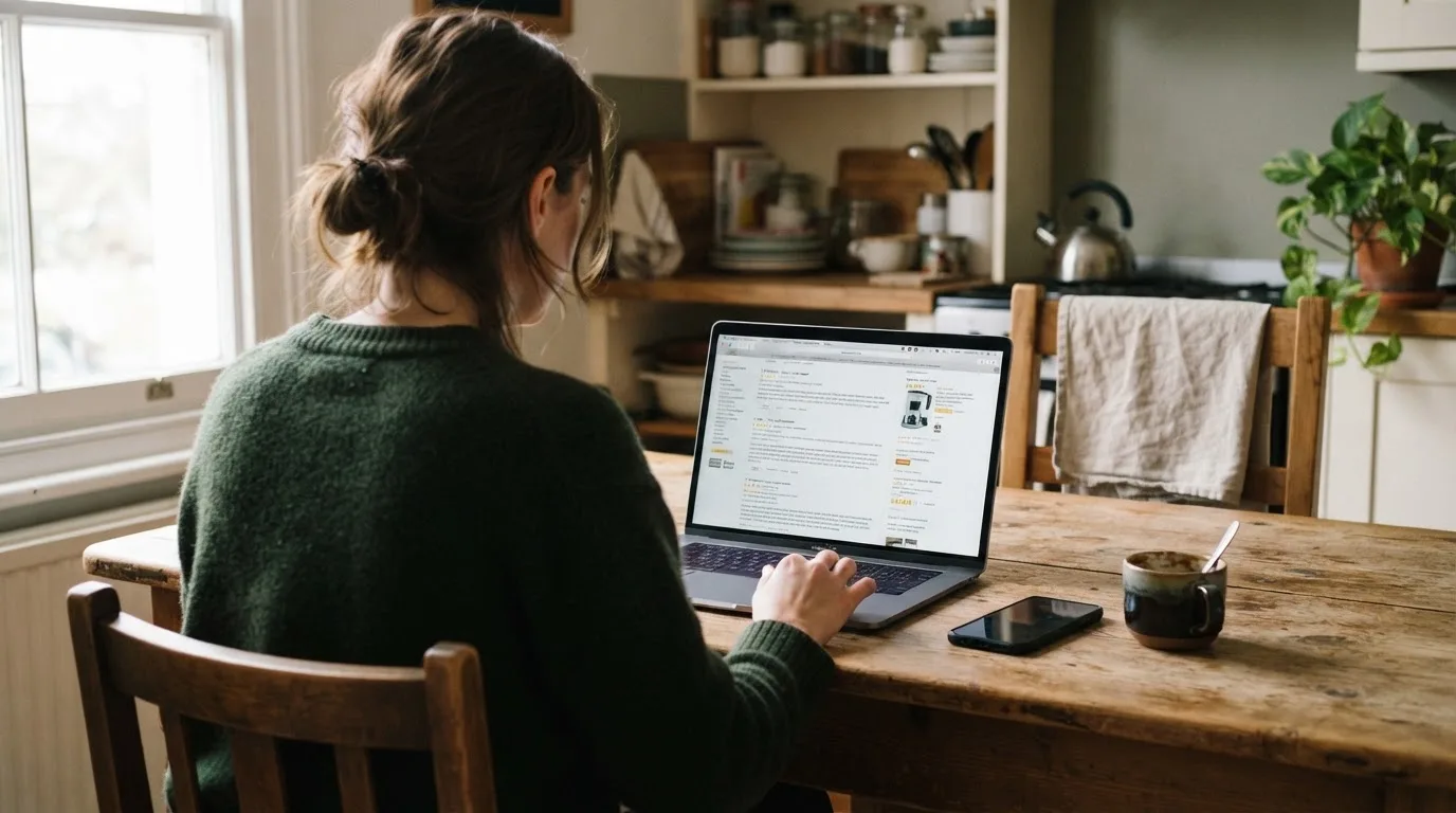 A person at a kitchen table scrolling through review pages on a laptop, phone face-down beside them.