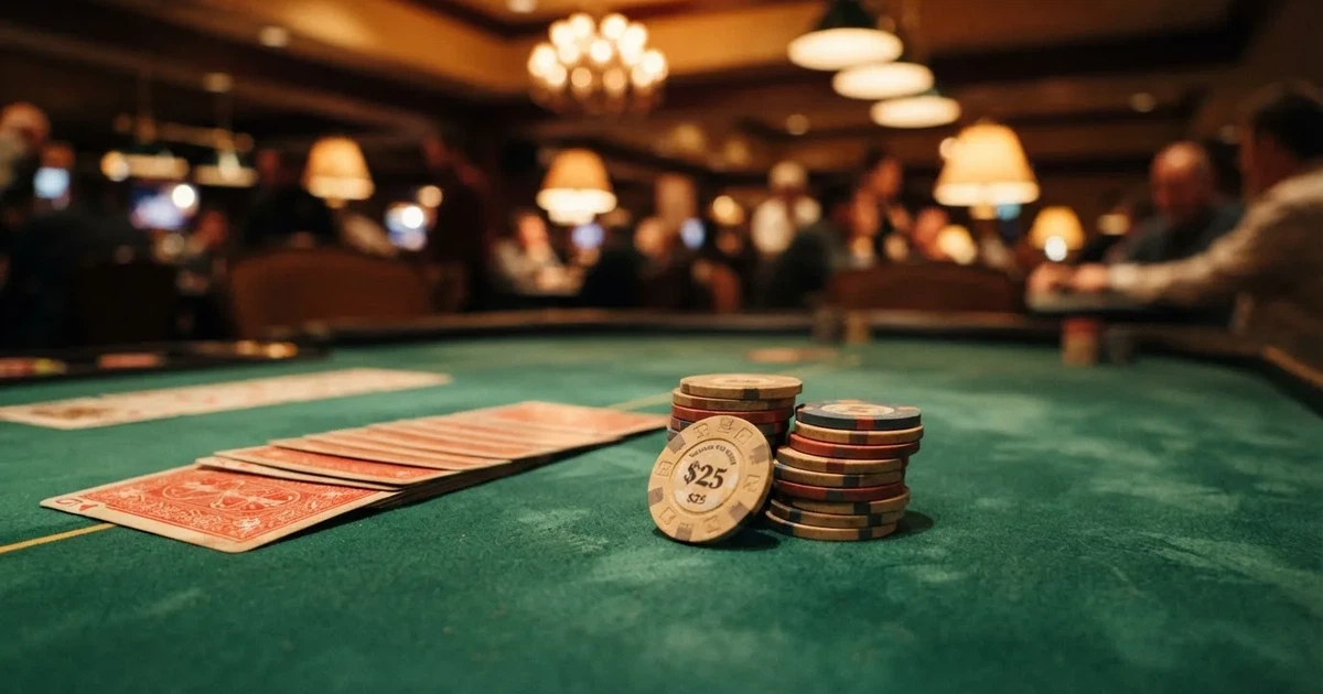 A close-up of a green felt gaming table with cards and chips mid-hand.