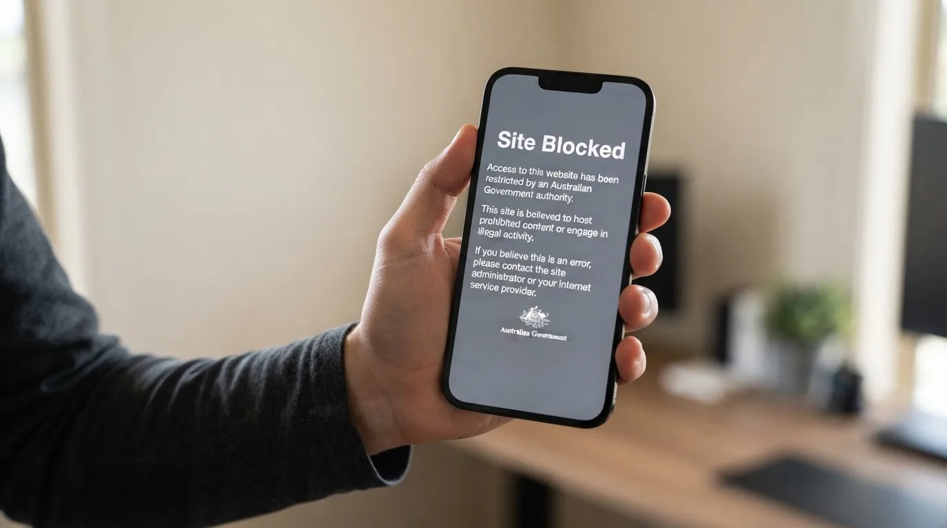 A smartphone screen showing a plain government warning notice about a blocked website, held against a blurred background.
