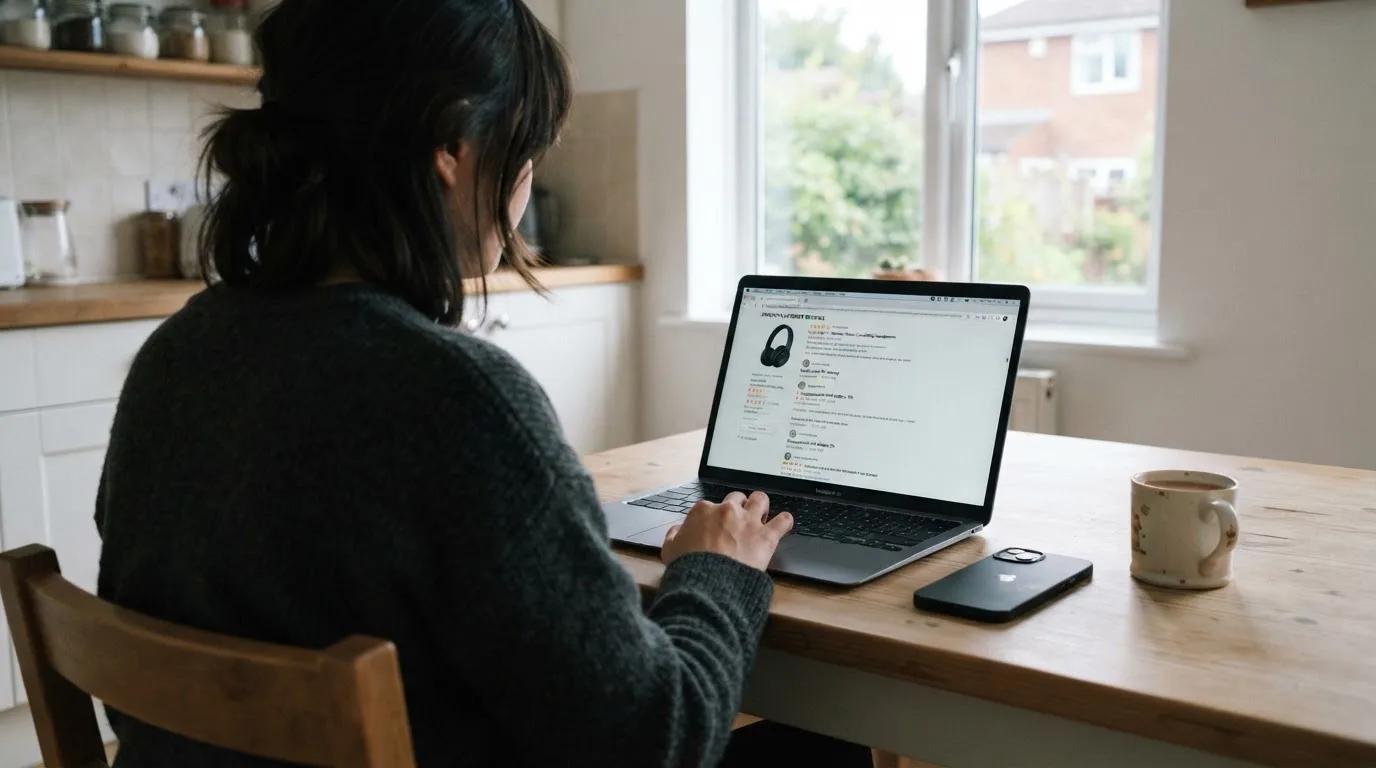A person at a kitchen table scrolling through review pages on a laptop, phone face-down beside them.