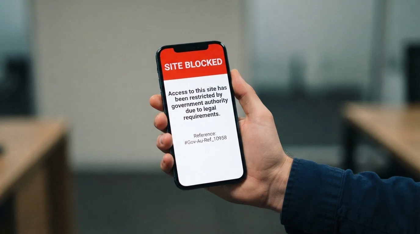 A smartphone screen showing a plain government warning notice about a blocked website, held against a blurred background.