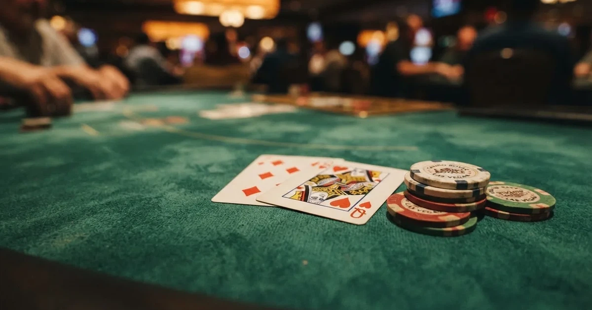 A close-up of a green felt gaming table with cards and chips mid-hand.