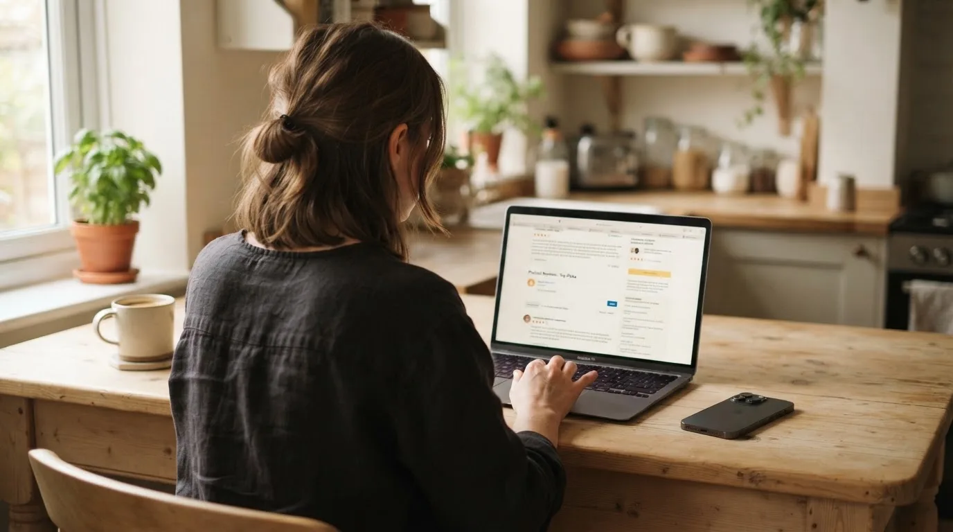 A person at a kitchen table scrolling through review pages on a laptop, phone face-down beside them.