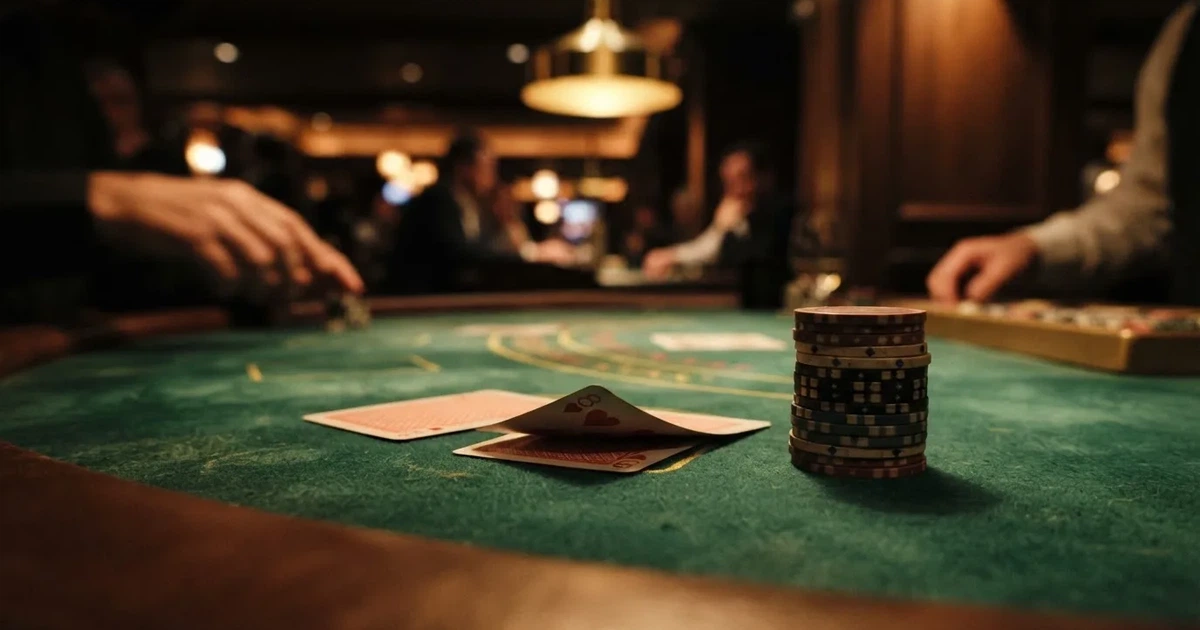 A close-up of a green felt gaming table with cards and chips mid-hand.