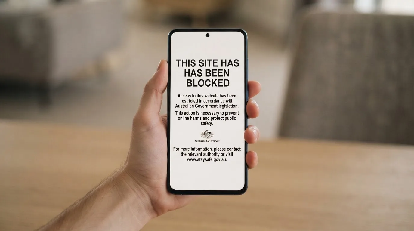 A smartphone screen showing a plain government warning notice about a blocked website, held against a blurred background.