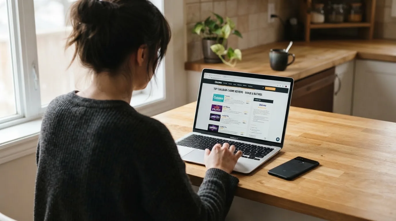 A person at a kitchen table scrolling through review pages on a laptop, phone face-down beside them.