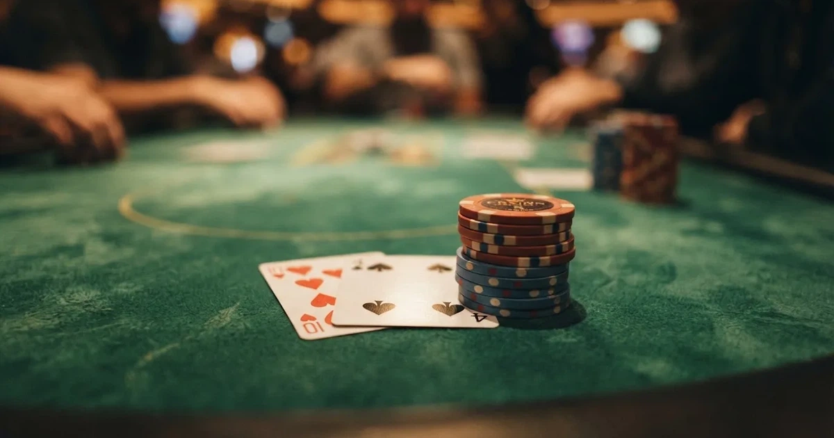 A close-up of a green felt gaming table with cards and chips mid-hand.
