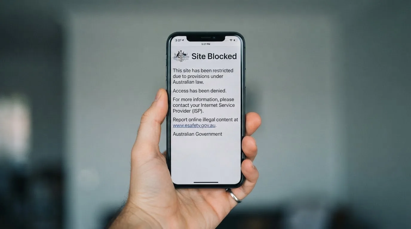A smartphone screen showing a plain government warning notice about a blocked website, held against a blurred background.