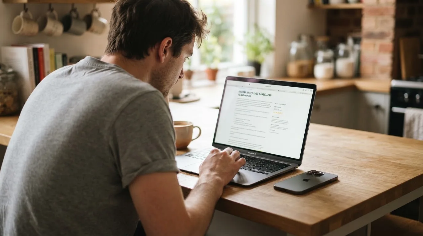A person at a kitchen table scrolling through review pages on a laptop, phone face-down beside them.