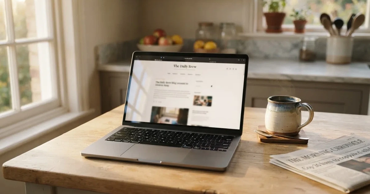 A laptop screen showing a freshly loaded website homepage, its content blurred out.