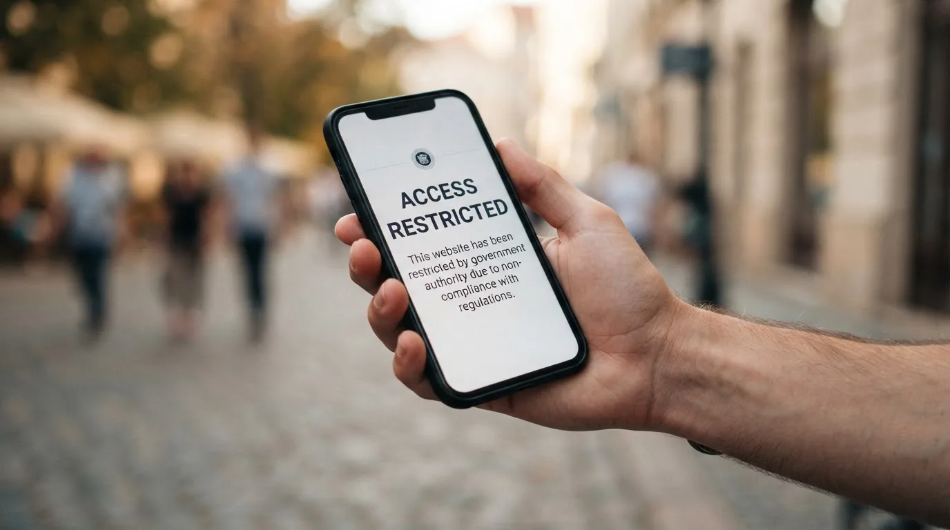 A smartphone screen showing a plain government warning notice about a blocked website, held against a blurred background.