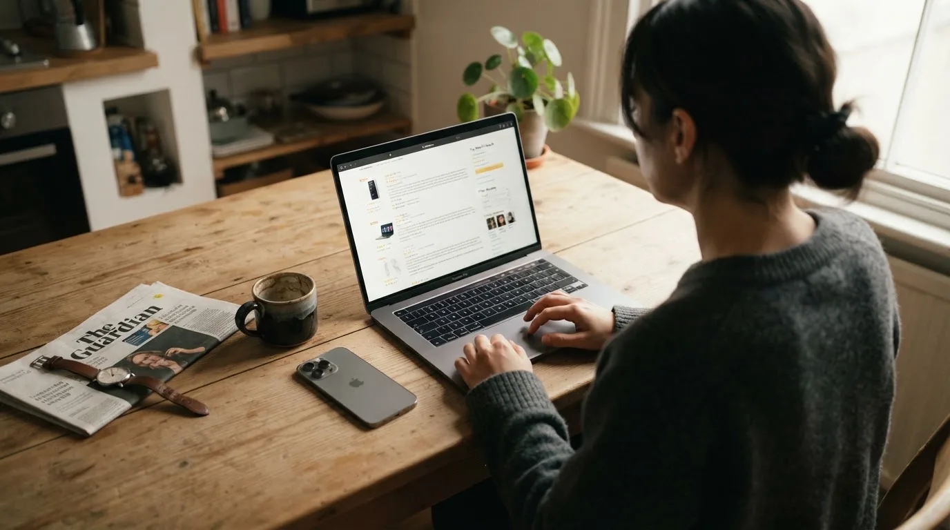 A person at a kitchen table scrolling through review pages on a laptop, phone face-down beside them.