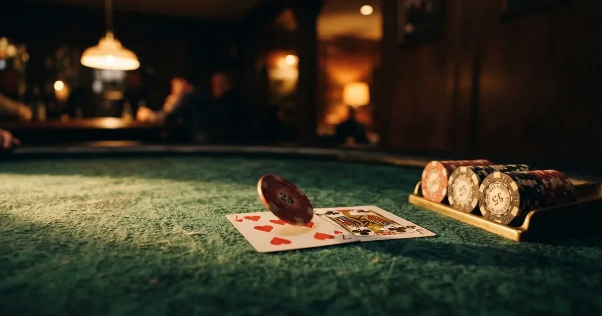 A close-up of a green felt gaming table with cards and chips mid-hand.