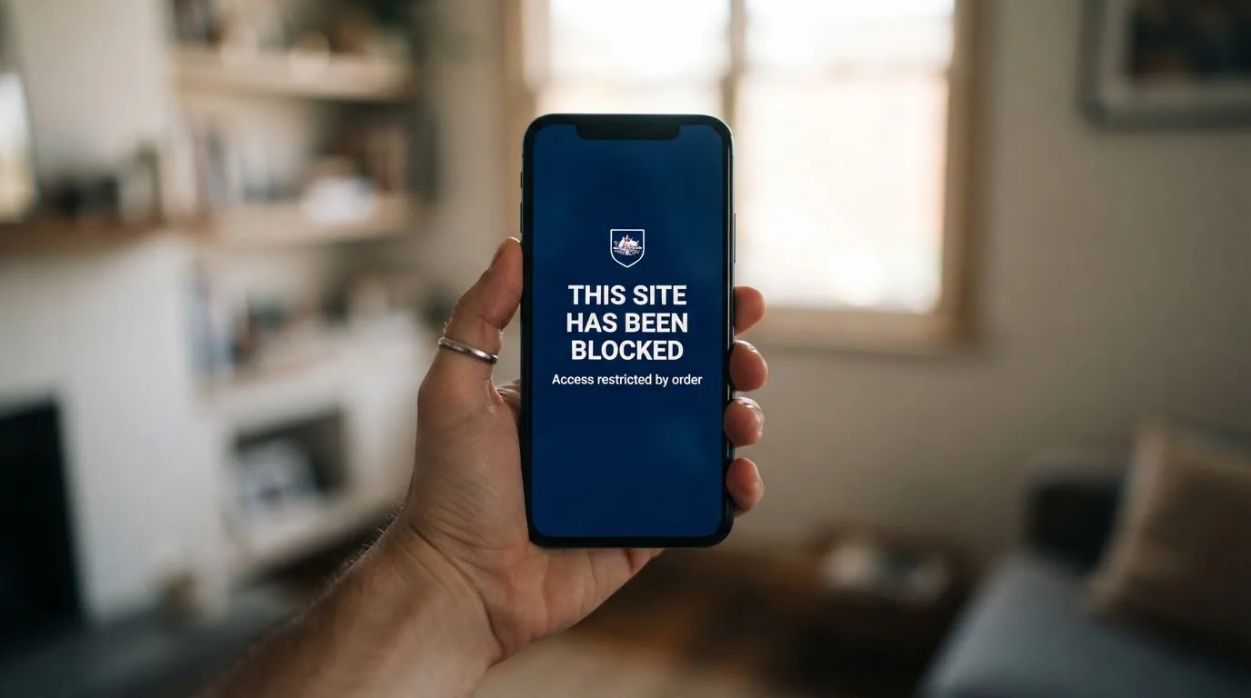 A smartphone screen showing a plain government warning notice about a blocked website, held against a blurred background.