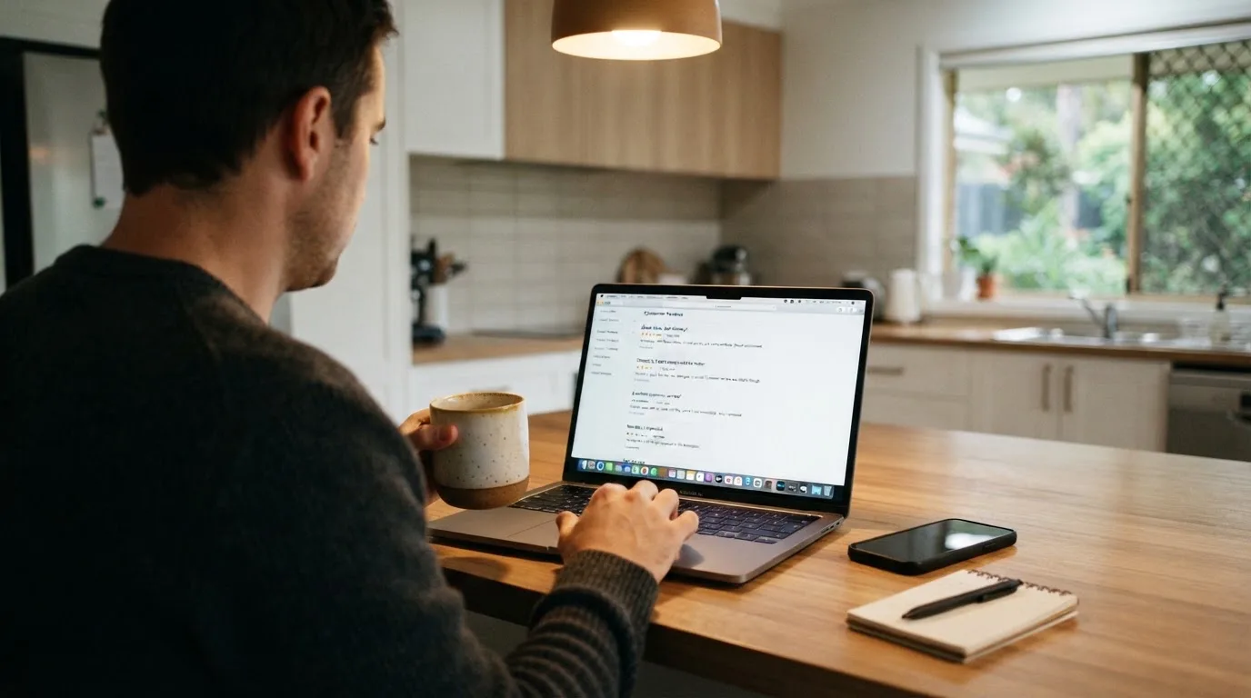A person at a kitchen table scrolling through review pages on a laptop, phone face-down beside them.