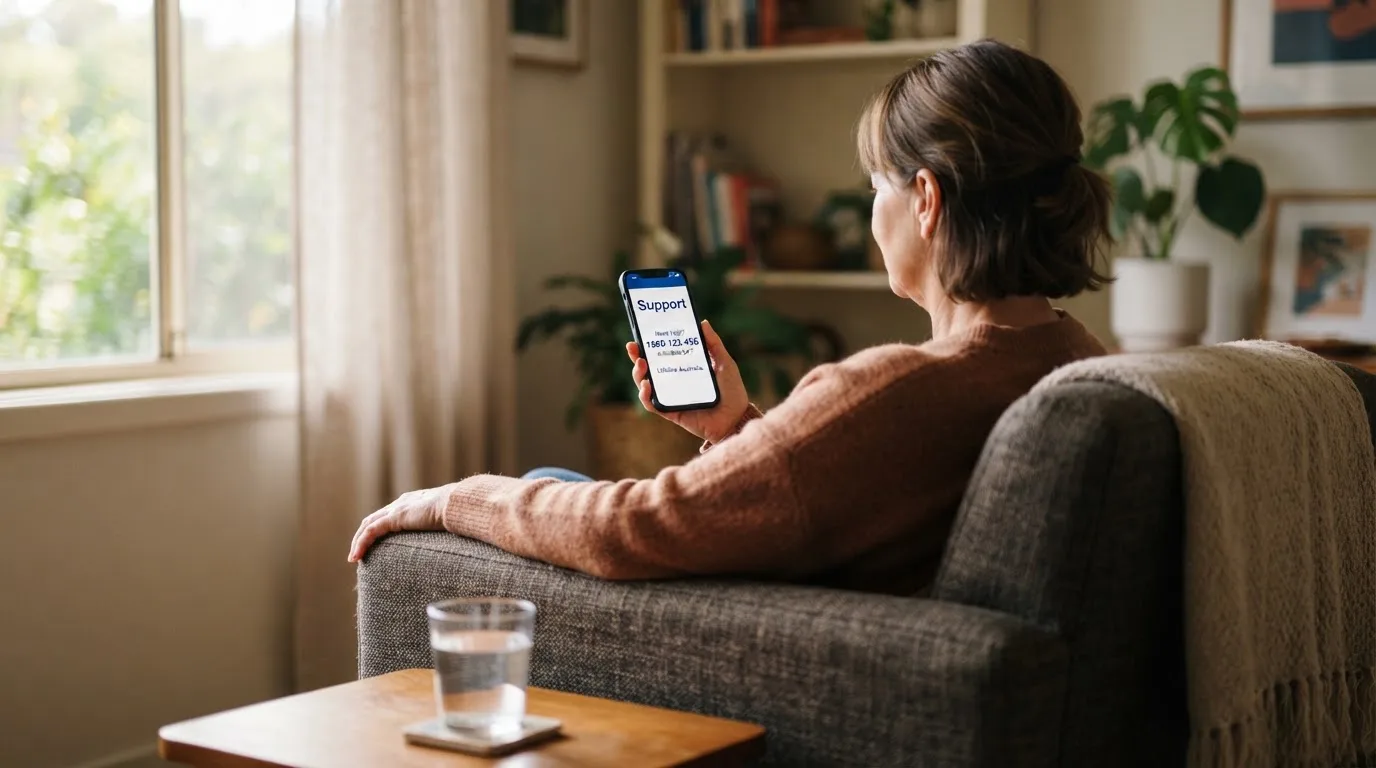 A person sitting calmly with a phone open to a support helpline page, no gaming screen visible.