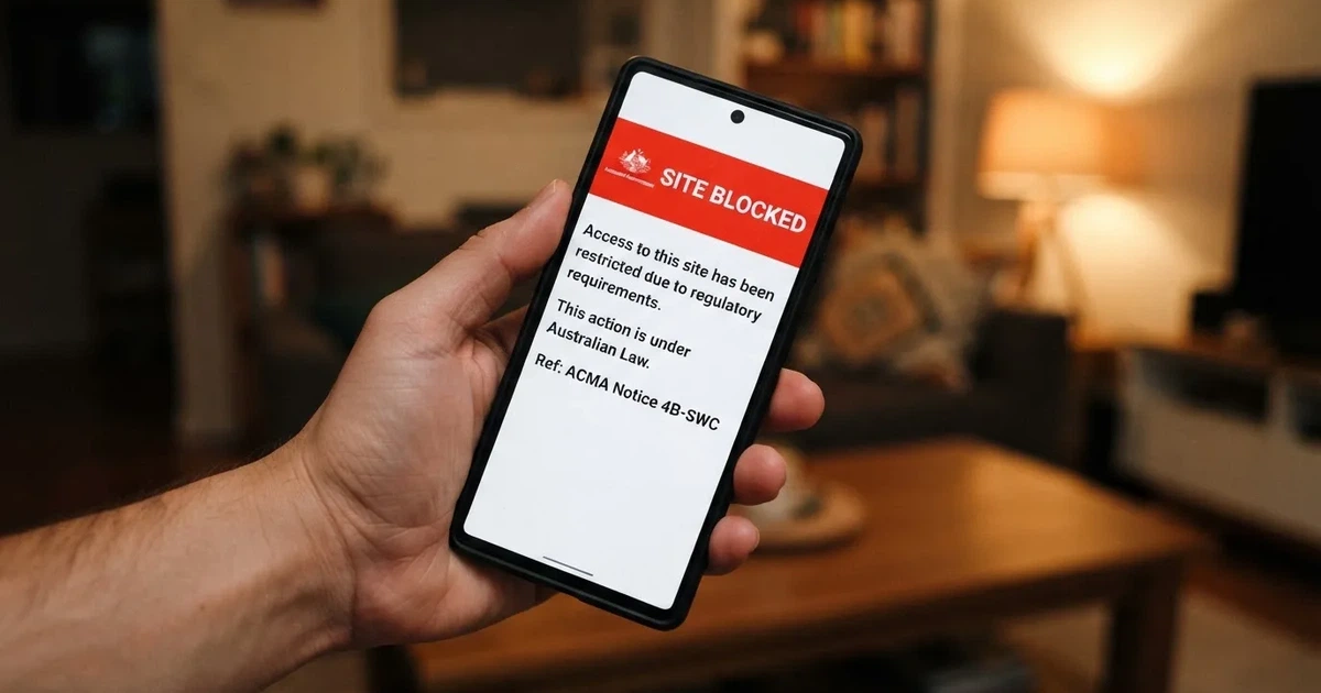 A smartphone screen showing a plain government warning notice about a blocked website, held against a blurred background.