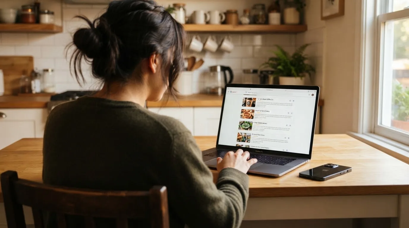 A person at a kitchen table scrolling through review pages on a laptop, phone face-down beside them.