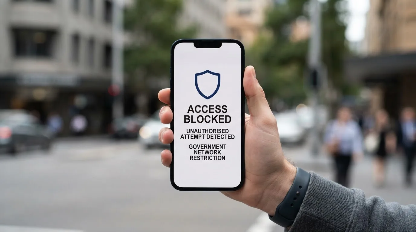 A smartphone screen showing a plain government warning notice about a blocked website, held against a blurred background.