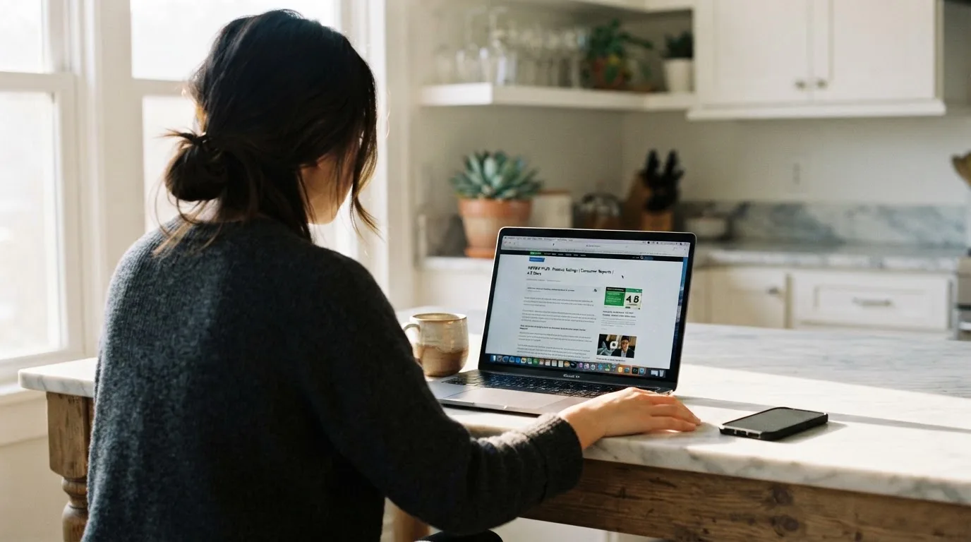 A person at a kitchen table scrolling through review pages on a laptop, phone face-down beside them.