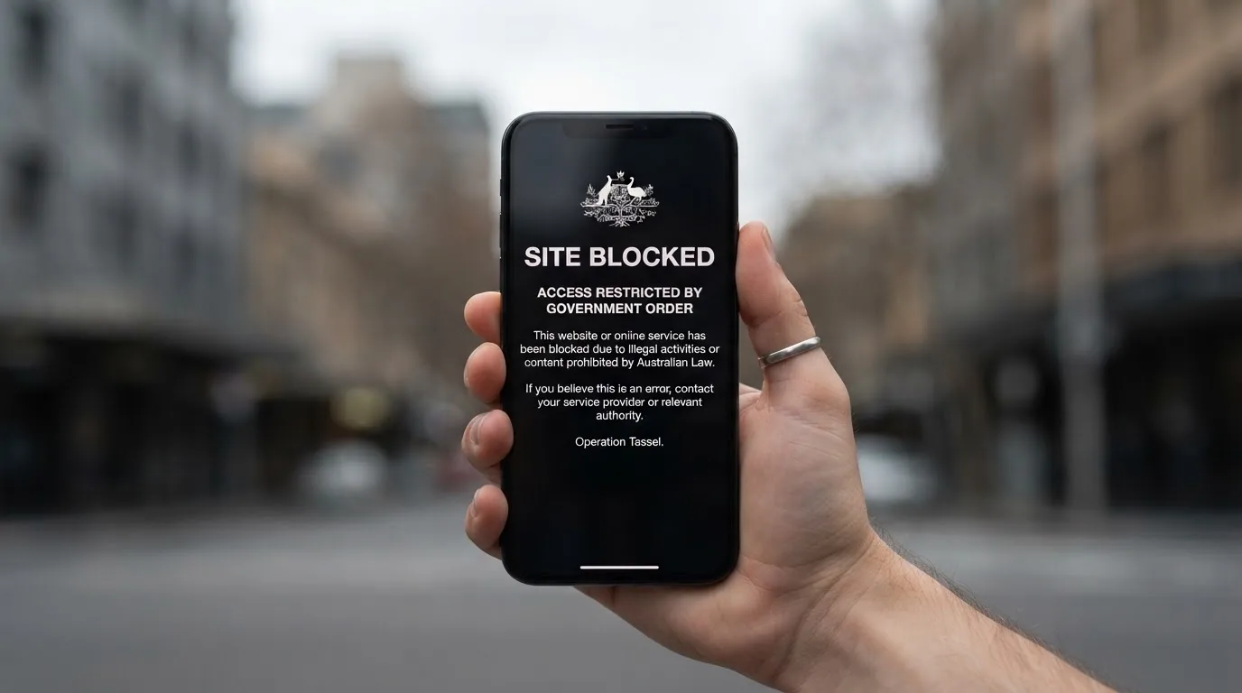 A smartphone screen showing a plain government warning notice about a blocked website, held against a blurred background.