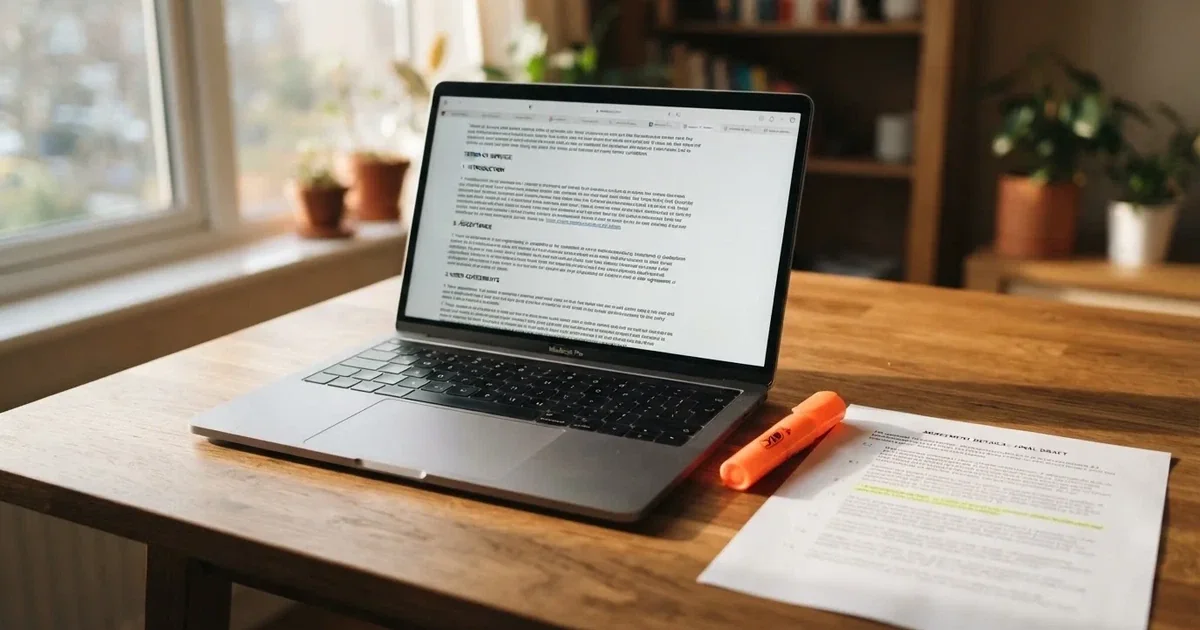 A laptop screen showing a page of terms and conditions text with a highlighter resting nearby.