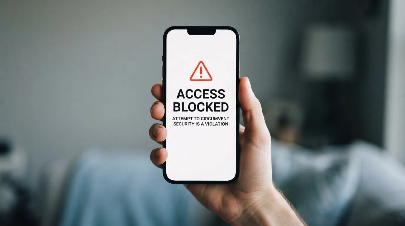 A smartphone screen showing a plain government warning notice about a blocked website, held against a blurred background.