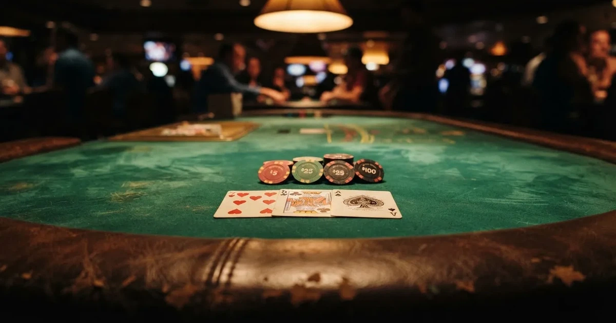 A close-up of a green felt gaming table with cards and chips mid-hand.