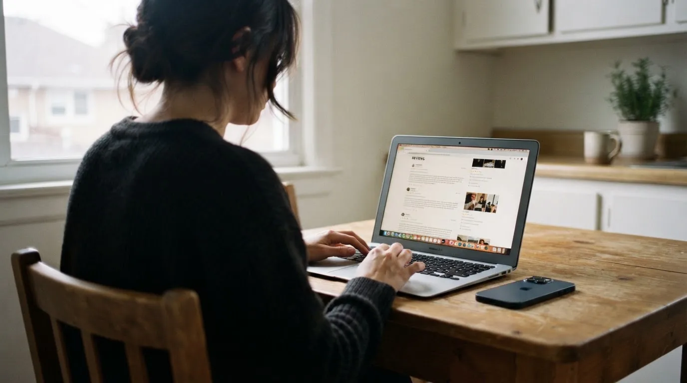 A person at a kitchen table scrolling through review pages on a laptop, phone face-down beside them.
