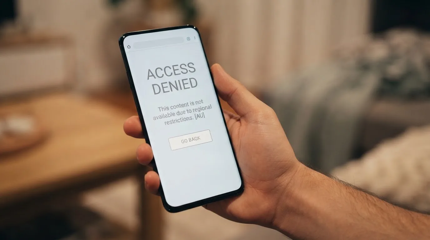 A smartphone screen showing a plain government warning notice about a blocked website, held against a blurred background.