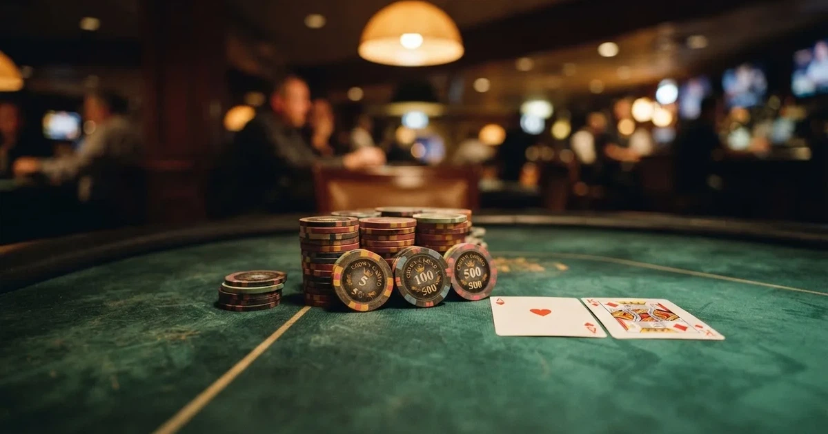 A close-up of a green felt gaming table with cards and chips mid-hand.