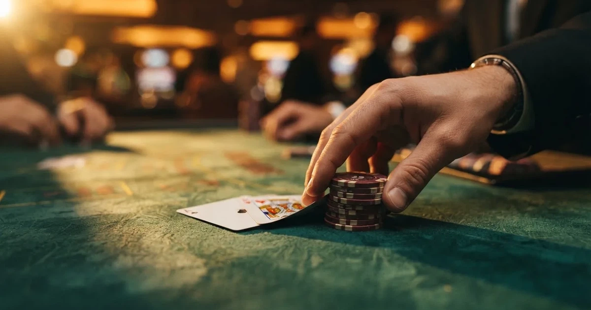 A close-up of a green felt gaming table with cards and chips mid-hand.