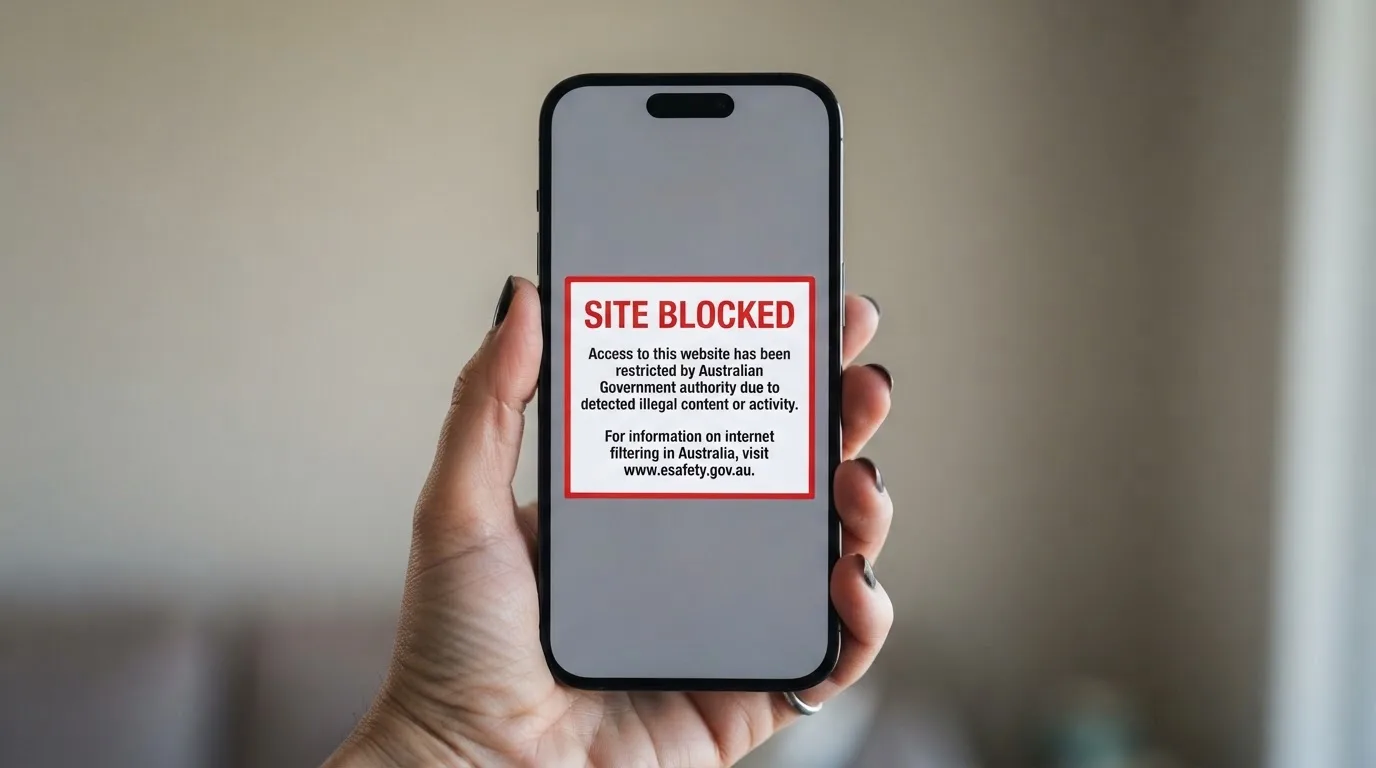 A smartphone screen showing a plain government warning notice about a blocked website, held against a blurred background.