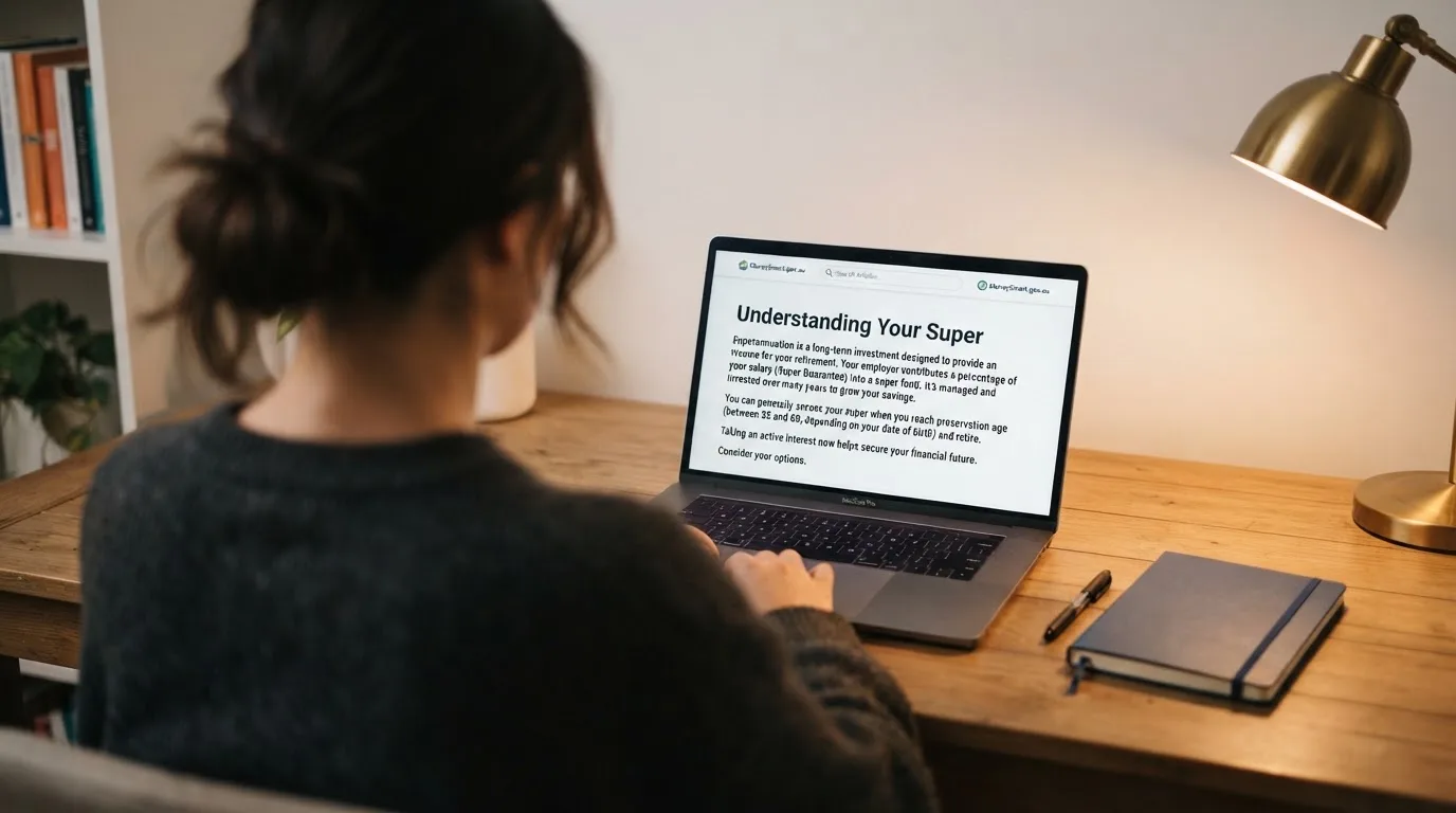 A person at a laptop reading a plain-language explainer article at a home desk.