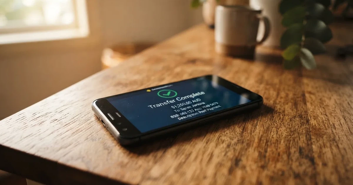 A close-up of a banking app on a smartphone showing a same-day transfer confirmation on a kitchen table.