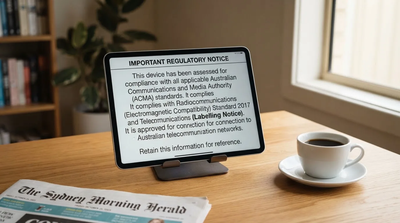 A tablet screen displaying an official regulator warning notice on a desk beside a coffee cup.