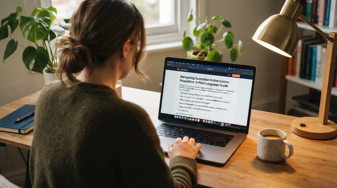 A person at a laptop reading a plain-language explainer article at a home desk.