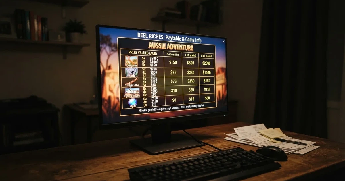 A slot machine's paytable screen glowing on a monitor in a dim room.