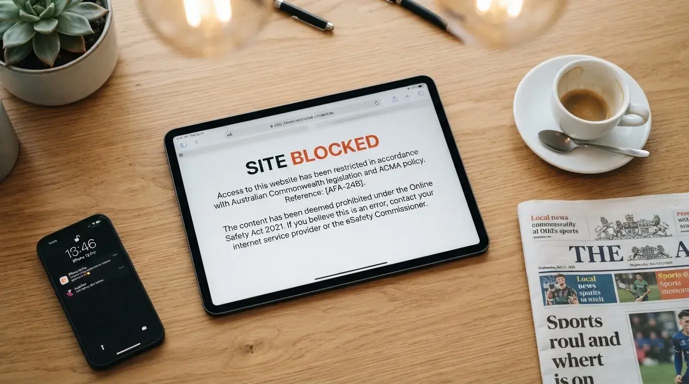 A tablet screen displaying an official regulator warning notice on a desk beside a coffee cup.
