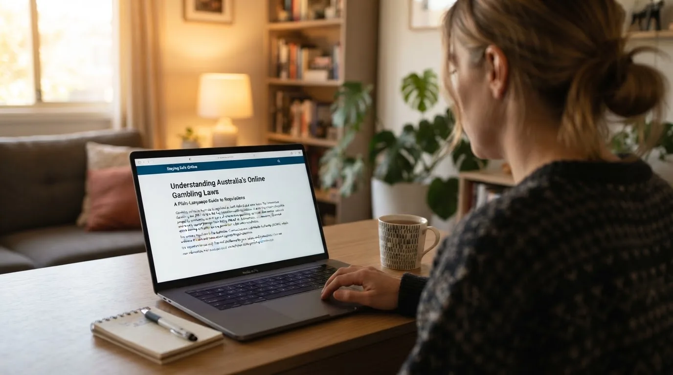 A person at a laptop reading a plain-language explainer article at a home desk.