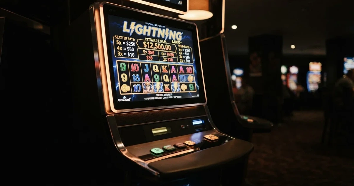A slot machine's paytable screen glowing on a monitor in a dim room.