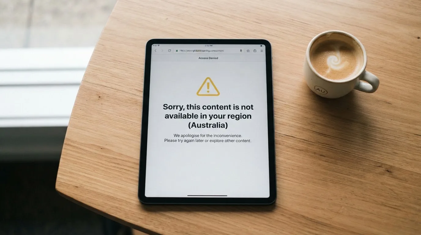 A tablet screen displaying an official regulator warning notice on a desk beside a coffee cup.