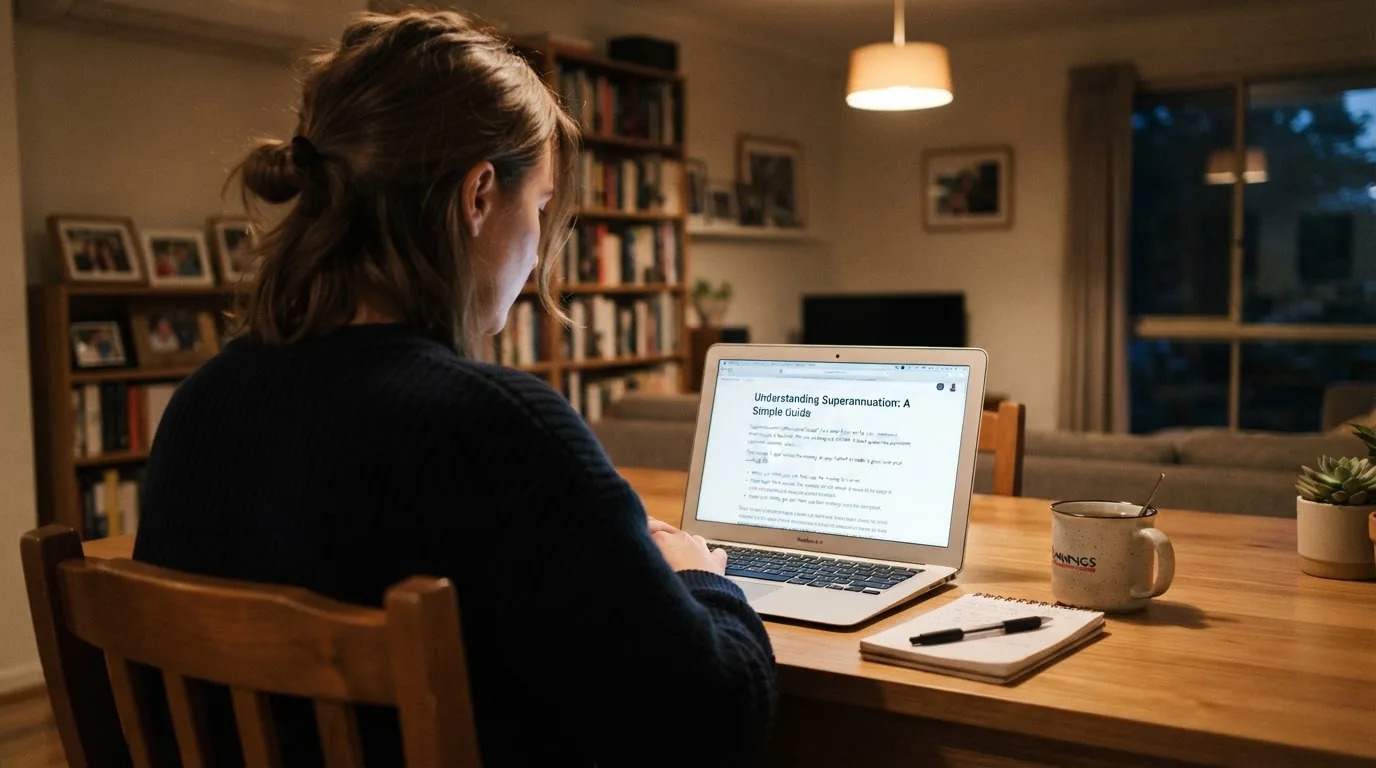 A person at a laptop reading a plain-language explainer article at a home desk.