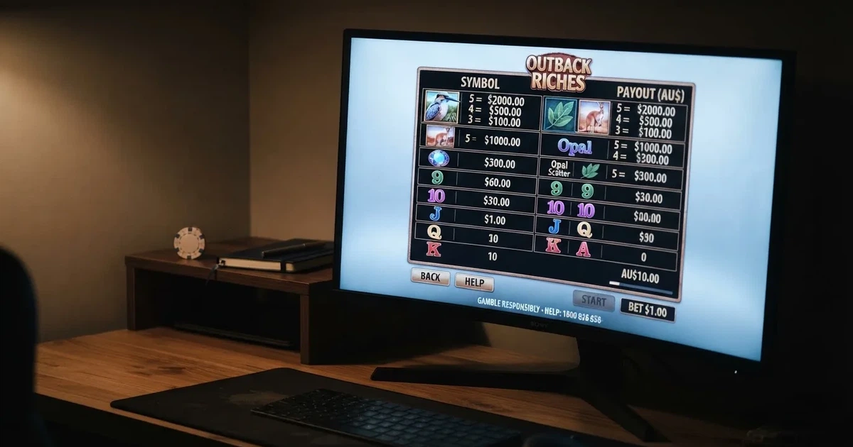 A slot machine's paytable screen glowing on a monitor in a dim room.