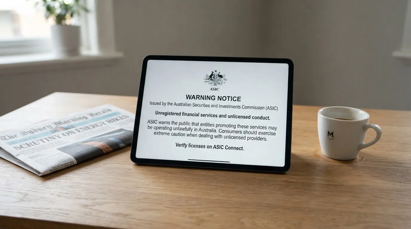 A tablet screen displaying an official regulator warning notice on a desk beside a coffee cup.