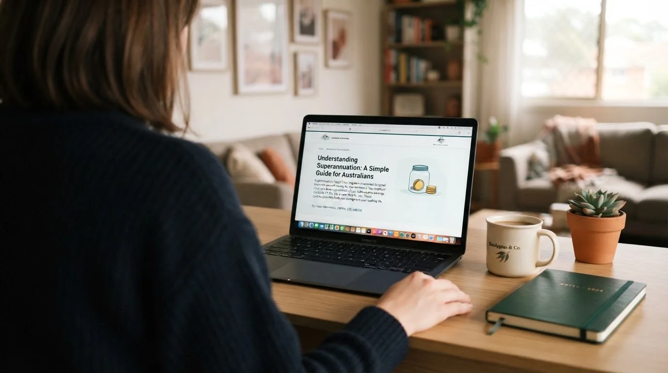 A person at a laptop reading a plain-language explainer article at a home desk.